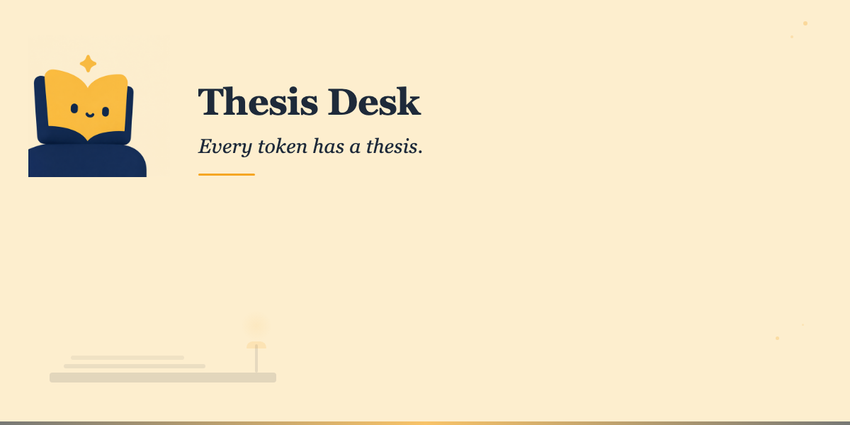 Thesis Desk banner — a desk of theses with live market verdicts and the slogan 'Every token has a thesis.'