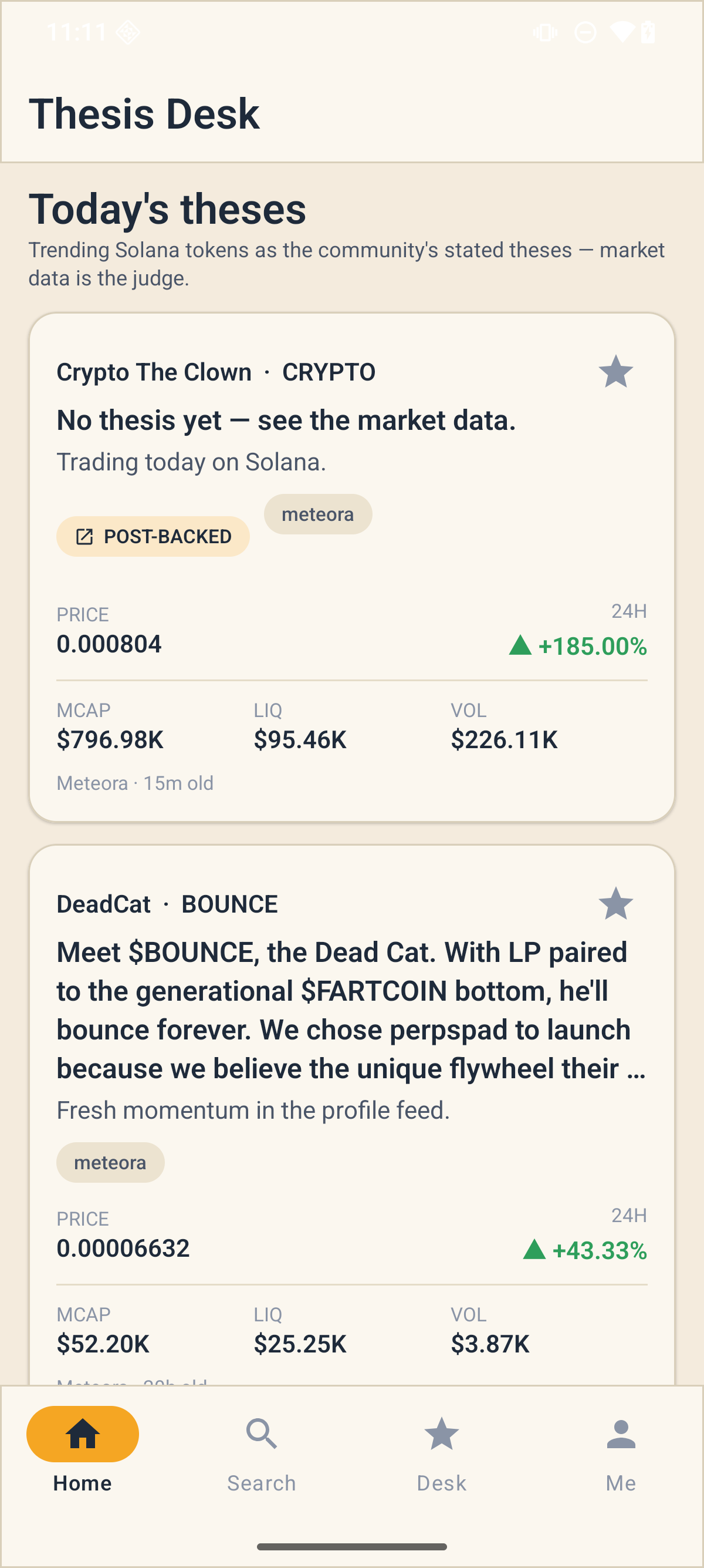 Thesis Desk Home screen — thesis feed with market verdict rows and POST-BACKED chips