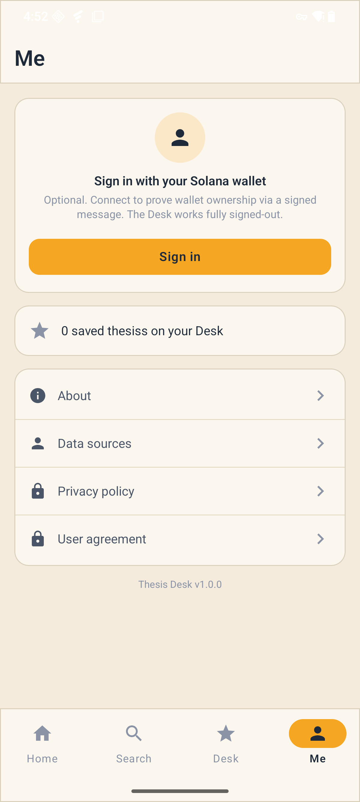 Thesis Desk Me screen — wallet profile and app sources