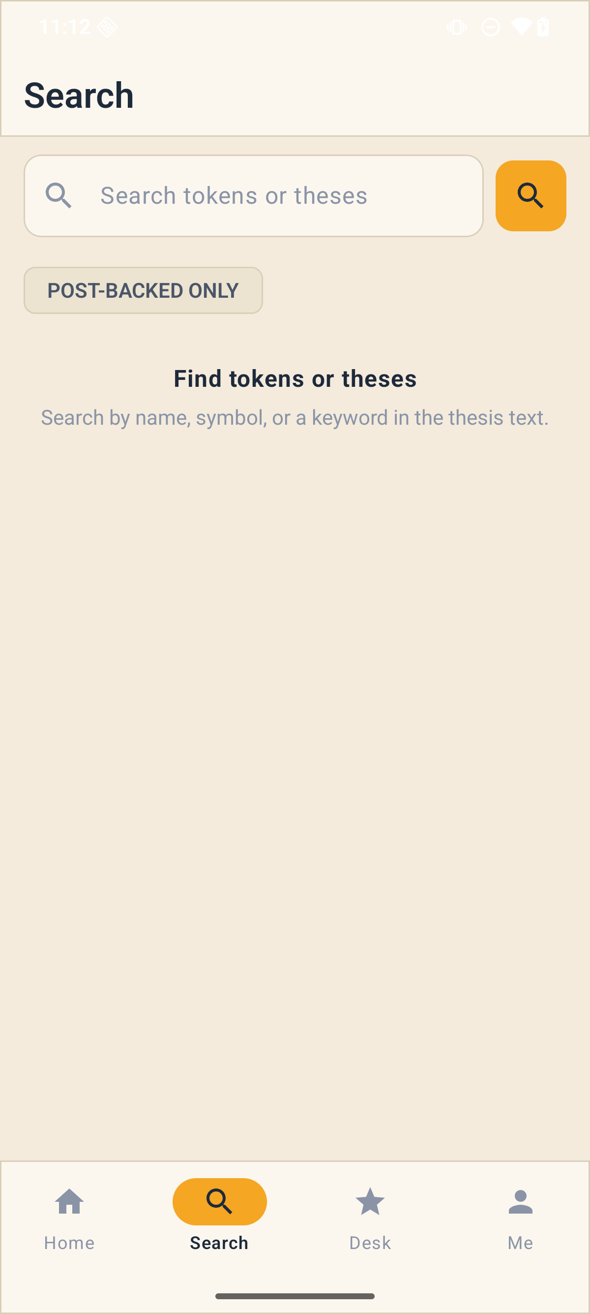 Thesis Desk Search screen — find tokens or theses by keyword
