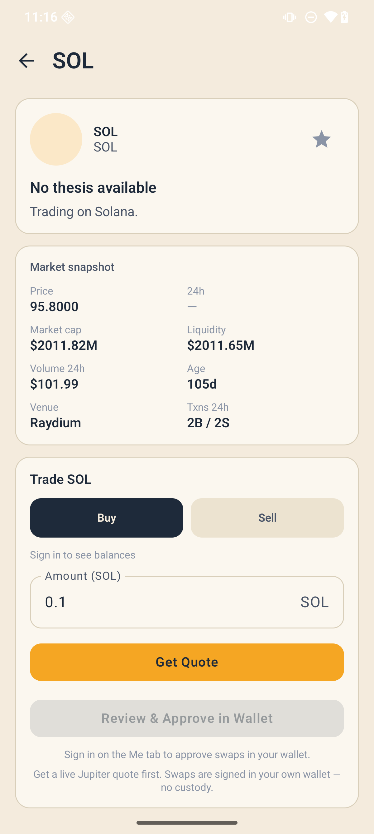 Thesis Desk token detail — thesis hero, market snapshot, and trade block